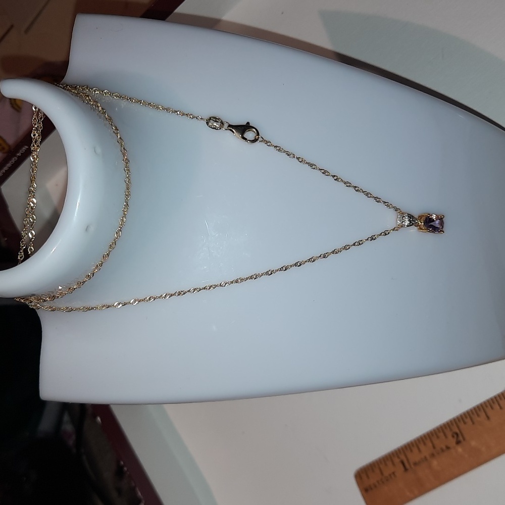 Solid 14K Yellow Gold Over Sterling Silver Genuine Amethyst Diamond Necklace 17"